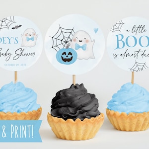 Halloween Baby Shower Cupcake Toppers Template, Printable Blue Baby Shower Dessert Toppers, Boy Fall Baby Shower, Little Boo Is Almost Due