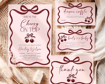 Cherry Baby Shower Invitation, She's the Cherry on Top, Girl Baby Shower Invite, Cherry on Top Invite Bundle, Coquette Bow Editable Invite