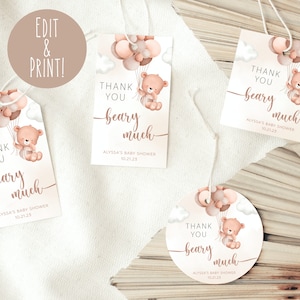 Teddy Bear Baby Shower Favor Tags Template, Printable Bear Thank You Tags, Editable Baby Shower Favour Gift Tags, Teddy Baby Shower Labels