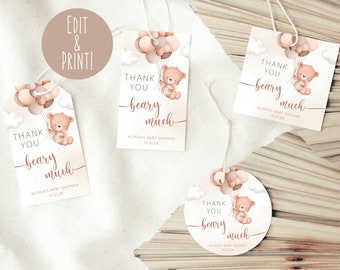 Teddy Bear Baby Shower Favor Tags Template, Printable Bear Thank You Tags, Editable Baby Shower Favour Gift Tags, Teddy Baby Shower Labels