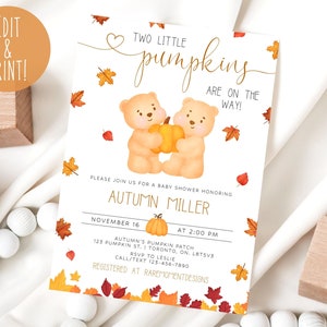 Two Little Pumpkins Are On The Way Baby Shower Invitation Template, Twins Fall Baby Shower Invite, Twin Pumpkin Baby Shower Evite Download