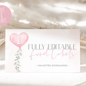 Little Sweetheart 1st Birthday Food Label Template, Editable Birthday Party Food Tents, Pink Boho Dessert Labels, Valentine Party Food Label