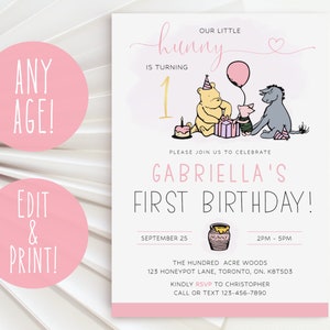 Winnie The Pooh 1st Birthday Invitation Template, Winnie The Pooh Girl First Birthday Invite Instant Download, Pooh Bear Birthday Invitation