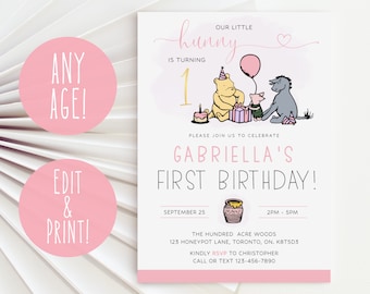 Winnie The Pooh 1. Geburtstag Einladung Vorlage, Winnie The Pooh Mädchen Erster Geburtstag einladen Sofort Download, Pooh Bär Geburtstagseinladung