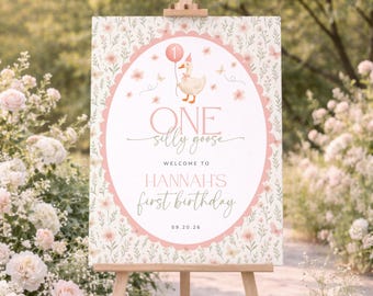 Un cartel de bienvenida de Silly Goose, cartel de bienvenida de cumpleaños de Silly Goose, póster de bienvenida para el primer cumpleaños de niña, cartel imprimible de fiesta de Pink Goose en lienzo