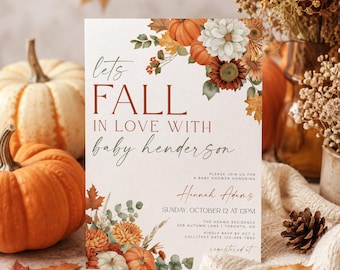 Fall in Love Baby Shower Invitation, Fall Pumpkin Baby Shower Invitation Template, Autumn Baby Shower, Printable Fall Floral Invite, Canva