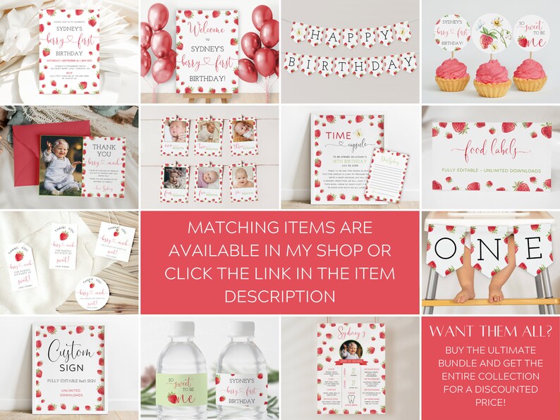 Berry First Birthday Cupcake Toppers Template, Strawberry 1st Birthday, Printable Berry Cupcake Picks, Berry 1st Birthday Small Cake Toppers image 2