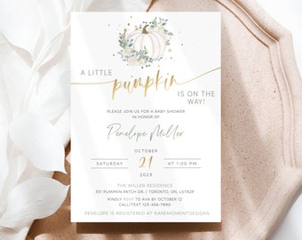 A Little Pumpkin Is On The Way Baby Shower Invitation Template, Fall Baby Shower Digital Invite, Printable White Pumpkin Baby Shower Evite