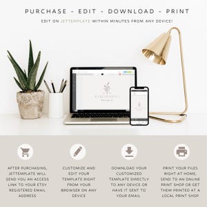 May include: A laptop and smartphone display a template design with the text "RAREMOMENT designs." The image also features a gold desk lamp, a potted plant, and text that reads "Purchase - Edit - Download - Print." Instructions are provided for editing and printing.