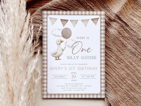 One Silly Goose Invitation, One Silly Goose 1st Birthday Invitation Template, Neutral First Birthday Gingham Invite, Goose First Birthday