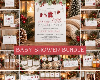 May include: A baby shower stationery bundle featuring a Christmas theme with pine branches, red berries, and pinecones. The cards display red and black text, including 'merry little BABY SHOWER' and 'JOSIE WILLIAMS', alongside illustrations of stockings, a Santa suit, and a candy cane.