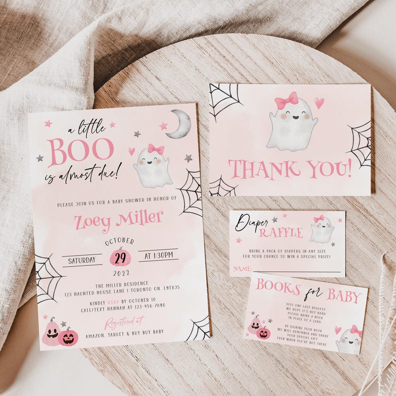 May include: A set of baby shower stationery in light pink featuring ghost illustrations with pink bows, spider webs, and stars. The text includes A little BOO is almost due, Zoey Miller, October 29, 2022, Diaper Raffle, and Books for Baby.