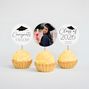 Abschluss Cupcake Toppers 2026, bearbeitbare Abschluss Dessert Toppers Vorlage, Abschluss Foto Cupcake Toppers, benutzerdefinierte Cupcake Grad Decor