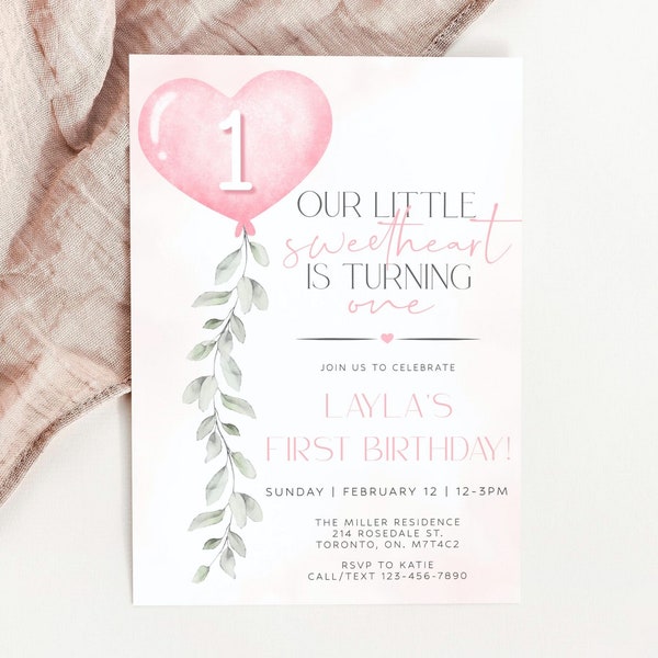 Our Little Sweetheart Is Turning One Invitation, Sweetheart 1st Birthday Invitation Template, Valentine Boho Girl Birthday Digital Invite