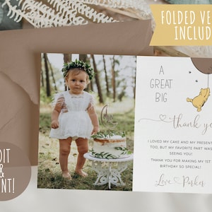 Plantilla de tarjeta de agradecimiento de Winnie The Pooh, tarjetas de agradecimiento planas y dobladas, nota de agradecimiento por el primer cumpleaños de Winnie The Pooh, descarga imprimible