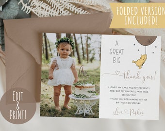 Winnie The Pooh Thank You Card Template, Flat & Folded Thank You Cards, Winnie The Pooh 1st Birthday Thank You Note, Printable Download