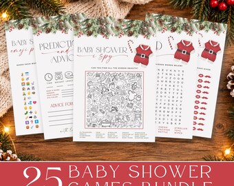 May include: A set of white paper baby shower game cards featuring Christmas-themed graphics like pine branches, red berries, and a Santa suit. The cards include an I Spy game, word search, and prediction sheets with black text and red accents.