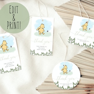 Classic Winnie The Pooh Baby Shower Favor Gift Tags Template | Winnie The Pooh Favor Thank You Tags | Baby Shower Custom Thank You Tags