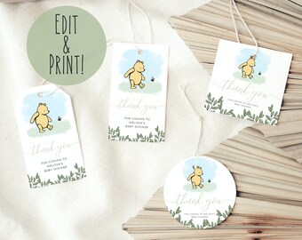 Klassische Winnie The Pooh Baby Shower Favor Geschenk Tags Vorlage | Winnie The Pooh Gunst Danke Tags | Baby Shower Custom Thank You Tags