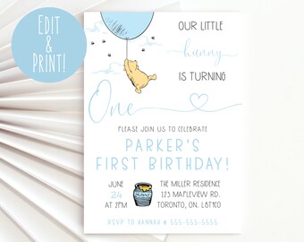 Winnie The Pooh 1. Geburtstag Einladung Vorlage, Winnie The Pooh Junge Erste Geburtstagseinladung Sofort Download, druckbare Blue Pooh Invite