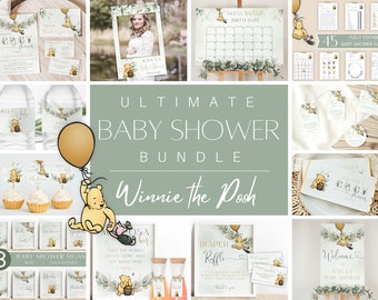 May include: Winnie the Pooh themed baby shower printable set with green and gold accents. Includes 45 editable games, 8 signs, a welcome sign, a diaper raffle sign, and more.