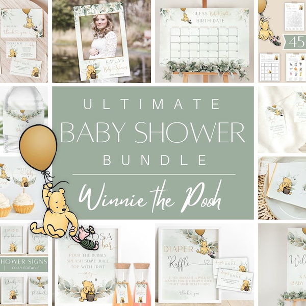 Winnie the Pooh Baby Shower Bundle, Winnie the Pooh Baby Shower Invitation Set, Green & Gold Pooh Bear Shower Decor, Pooh Baby Shower Kit