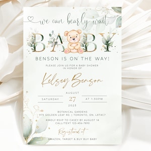 Greenery Baby Shower Invitation Template, We Can Bearly Wait Invitation, Printable Teddy Bear Invite, Sage Green Baby Shower Evite, Download
