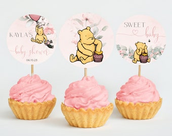 Winnie The Pooh Baby Shower Cupcake Toppers Template, Printable Circle Baby Shower Dessert Toppers, Pooh Bear Girl Baby Shower Decorations