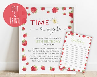 Berry First Birthday Time Capsule Sign, Editable Strawberry 1st Birthday Time Capsule, Girl&#39;s Time Capsule Sign + Letter Template Download