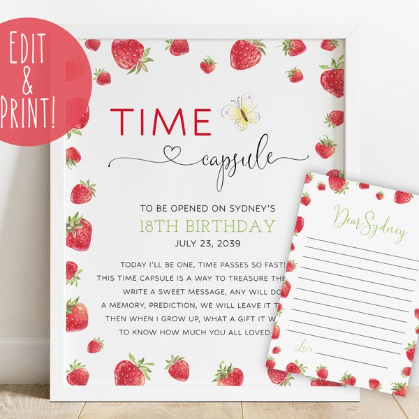 Berry First Birthday Time Capsule Sign, Editable Strawberry 1st Birthday Time Capsule, Girl's Time Capsule Sign + Letter Template Download