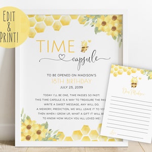 Bee 1st Birthday Time Capsule, Bumble Bee Baby&#39;s First Time Capsule, 1st Bee Day Time Capsule Sign And Letter, Sunflowers Honey Time Capsule