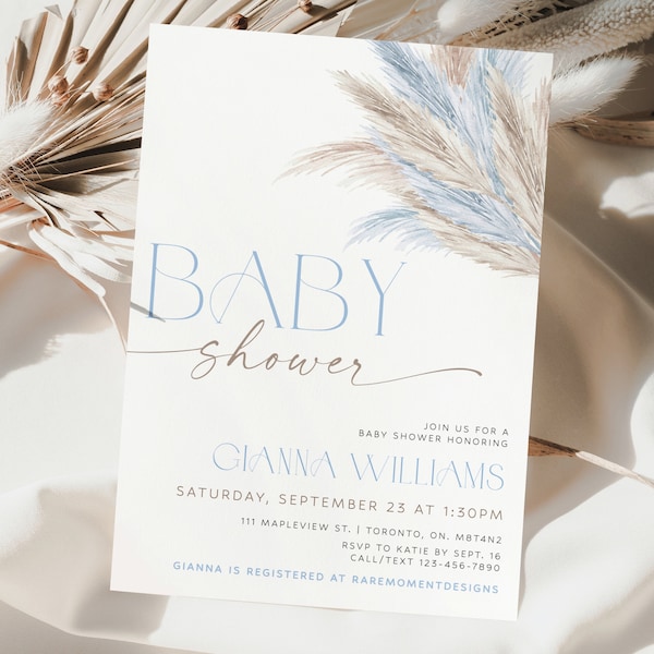 Boho Baby Shower Invitation Template, Blue Boho Baby Shower Invite, Editable Boy Baby Shower Invitation, Blue Pampas Grass Printable Invite