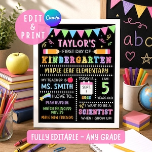 First Day of School Sign Printable, Editable 1st Day of School Chalkboard Sign Reusable, Any Grade Back To School, Girl School Picture Canva