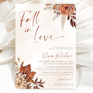 Fall Bridal Shower Invitation Template, Fall In Love Bridal Shower Invite, Editable Fall Boho Bridal Shower Evite, Terracotta Bridal Invites