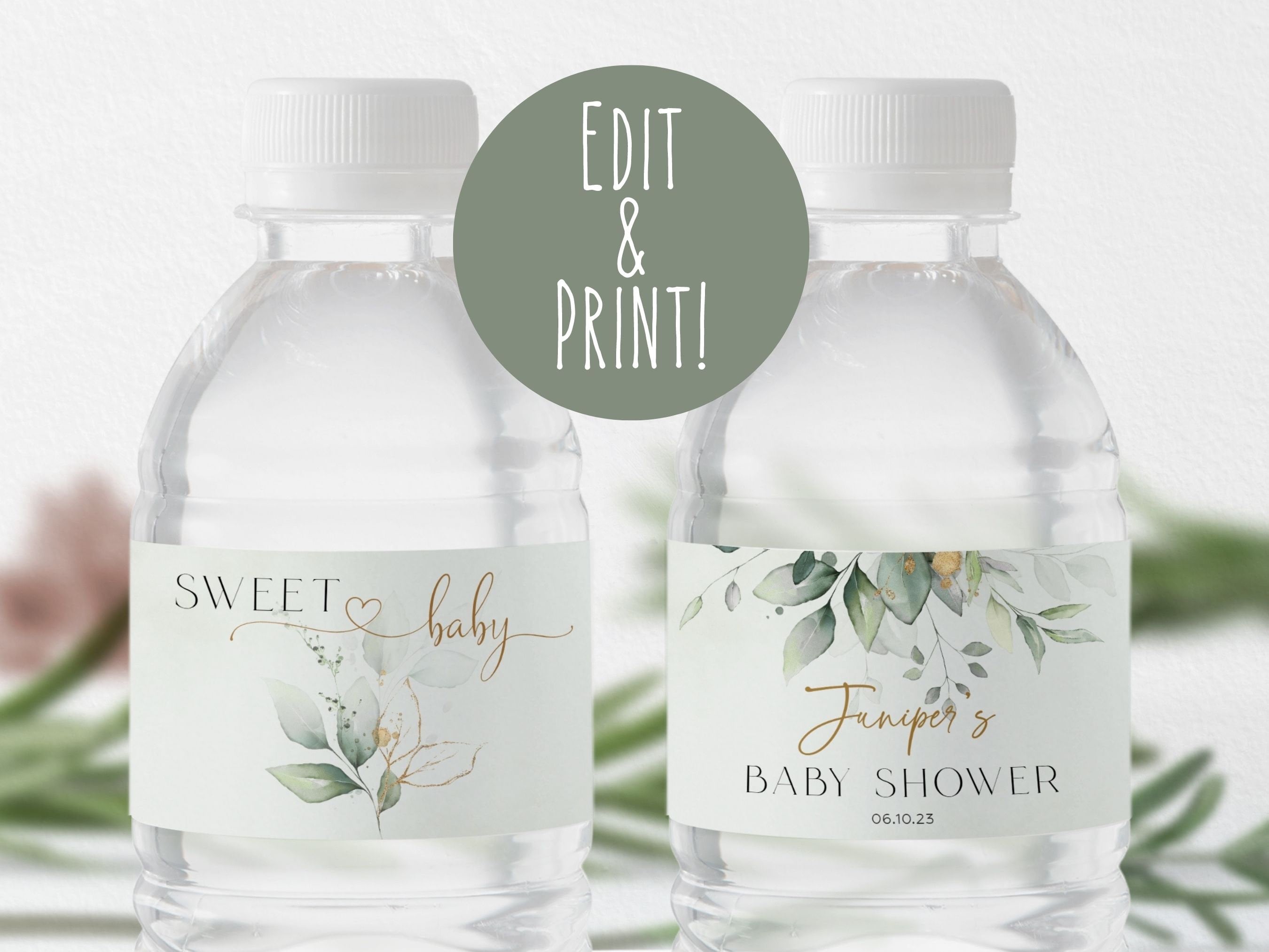 Etiquetas para botellas de agua con motivos verdes para baby shower,  etiquetas editables para baby shower, plantilla de etiqueta para botella de agua  con eucalipto, obsequios personalizados para baby shower - Etsy, image size:2700x2025
