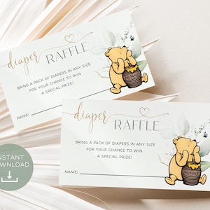 Billets de tombola de couches-culottes classiques Winnie l'ourson, carte de tombola de couches-culottes pour baby shower Winnie l'ourson, billet de tombola de couches imprimables à télécharger DIY