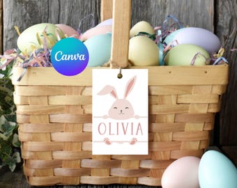 Printable Easter Basket Tags, Kids Easter Basket Name Tag, Editable Easter Gift Tags, Customized Easter Bunny Tag, Canva (Digital Download)