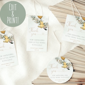Classic Winnie The Pooh Baby Shower Favor Tags Template, Winnie-The-Pooh Baby Shower Thank You Tags, Greenery Pooh Bear Printable Favour Tag