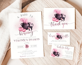 Un bebé está preparando paquete de invitación de baby shower, plantilla editable de baby shower de Halloween, conjunto de invitación de baby shower imprimible para niña descargar bricolaje