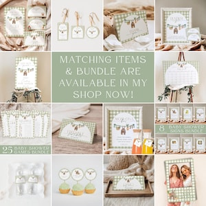 May include: A selection of baby shower stationery and games, including invitations, signs, and cupcake toppers. The designs feature a green and white gingham pattern with illustrations of baby clothes on a clothesline. The text "Matching Items & Bundle Are Available In My Shop Now!" is visible.