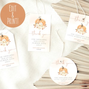 Pumpkin Baby Shower Favor Tags Template, Fall Baby Shower Gift Tags, Printable Thank you Tags, Little Pumpkin Baby Shower Favor Tag Download