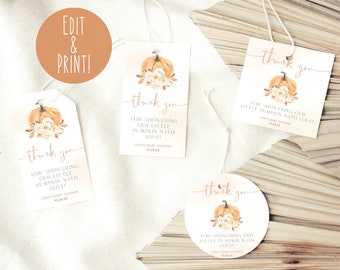 Pumpkin Baby Shower Favor Tags Template, Fall Baby Shower Gift Tags, Printable Thank you Tags, Little Pumpkin Baby Shower Favor Tag Download