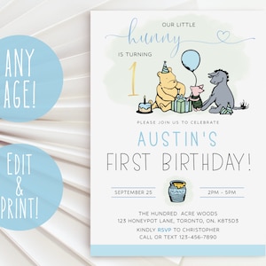 Winnie The Pooh 1st Birthday Invitation Template, Winnie The Pooh Birthday Invite Boy Instant Download, Blue Pooh Bear Birthday Invitation