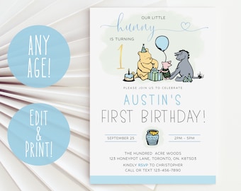 Winnie The Pooh 1st Birthday Invitation Template, Winnie The Pooh Birthday Invite Boy Instant Download, Blue Pooh Bear Birthday Invitation