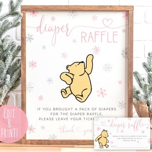 Klassisches Winnie The Pooh Raffle-Zeichen, Mädchen-Pooh-Bär-Baby-Dusche-Windel-Gewinnkarten, druckbare Winter-Windel-Verlosungskarte & Zeichen