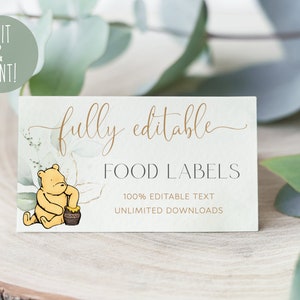 Modello di etichette alimentari per baby shower Winnie The Pooh, etichetta dessert stampabile, carta buffet orsetto Pooh, carte alimentari nel verde, download digitale fai da te