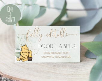 Winnie The Pooh Baby Shower Food Labels Template, Printable Dessert Label, Pooh Bear Buffet Card, Greenery Food Cards, Digital Download DIY