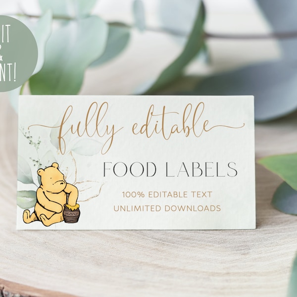 Winnie The Pooh Baby Shower Food Labels Template, Printable Dessert Label, Pooh Bear Buffet Card, Greenery Food Cards, Digital Download DIY