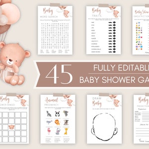 Teddy Bear Baby Shower Games, Teddy Bear Printable Baby Shower Games, Neutral Baby Bear Games, Baby Shower Bingo, Baby Predictions, Download