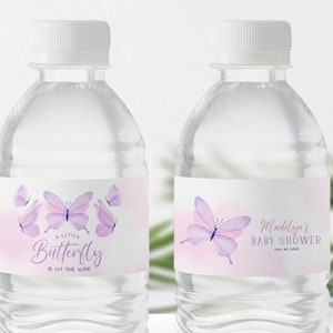 Butterfly Baby Shower Water Bottle Labels Template, Girl Baby Shower Bottle Label, Editable Purple Butterfly Shower Labels, Butterfly Party
